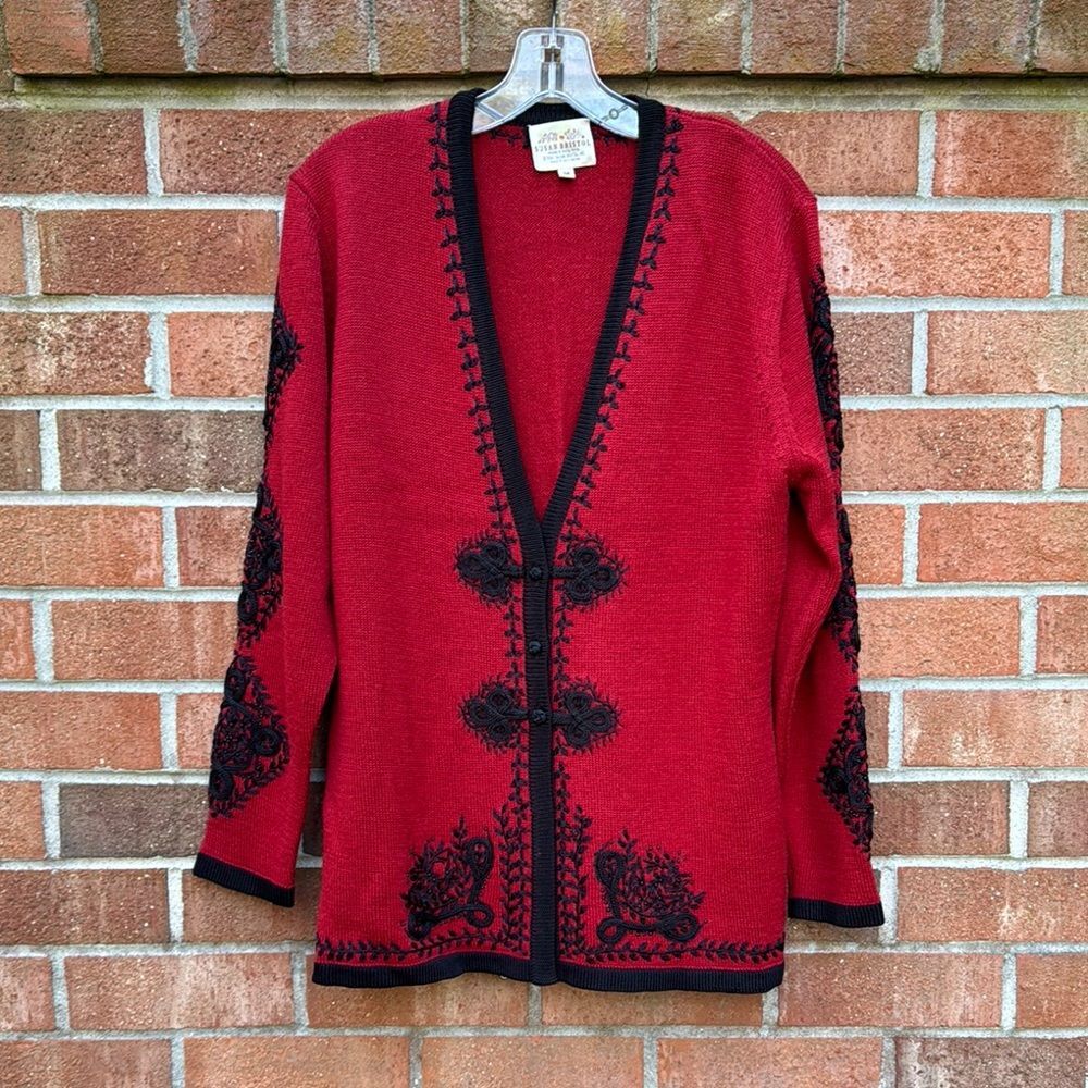 Susan Bristol Red and Black Cardigan Sweater with V-neck and Bold Trim